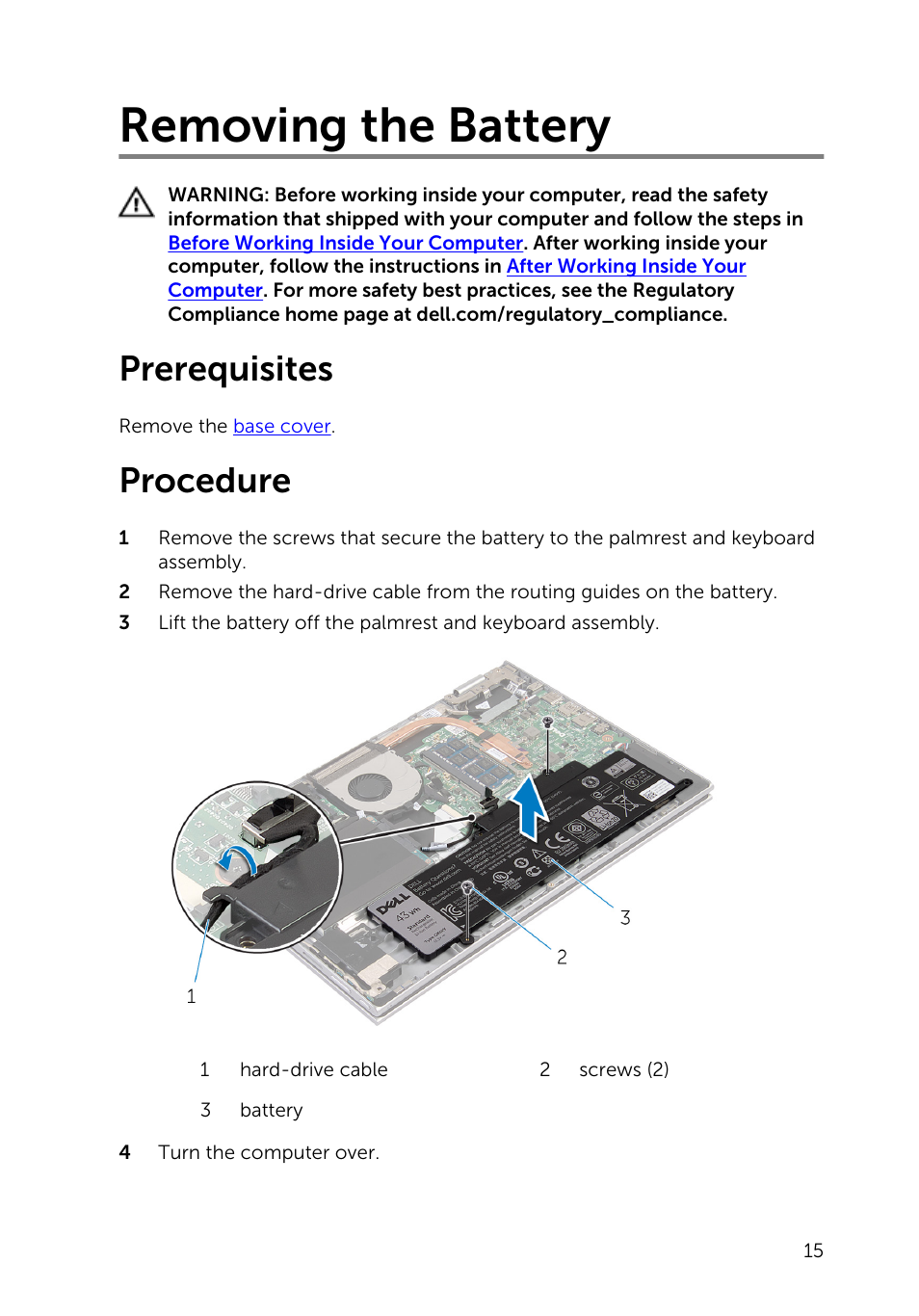 Removing the battery, Prerequisites, Procedure | Dell Inspiron 13 (7347, Mid 2014) User Manual | Page 15 / 92