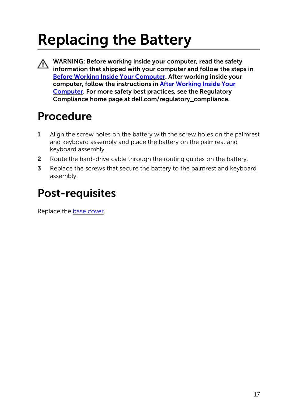 Replacing the battery, Procedure, Post-requisites | Dell Inspiron 13 (7347, Mid 2014) User Manual | Page 17 / 92