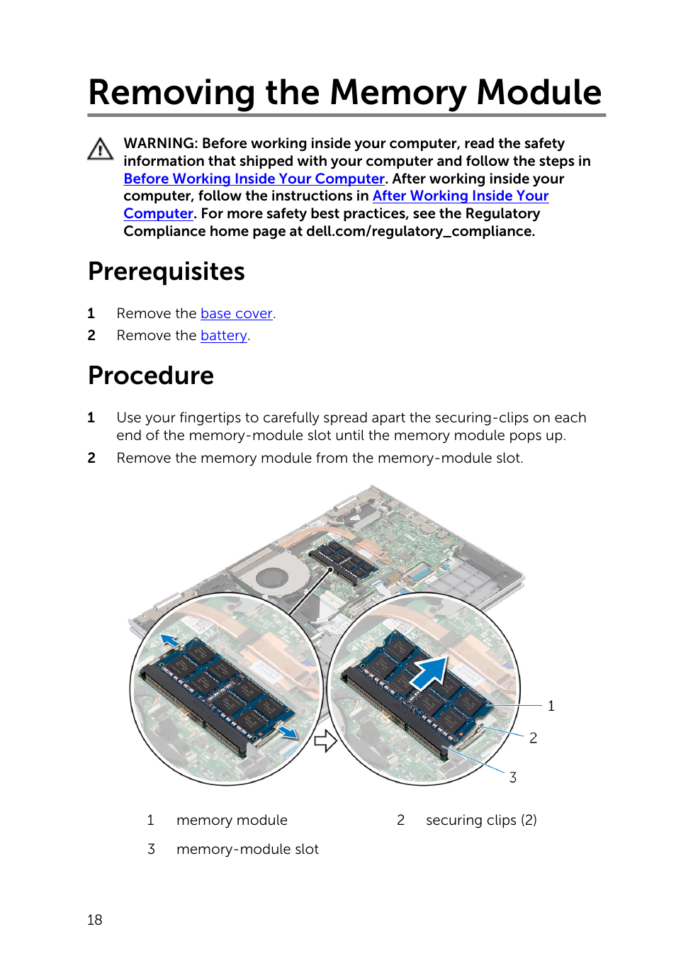 Removing the memory module, Prerequisites, Procedure | Dell Inspiron 13 (7347, Mid 2014) User Manual | Page 18 / 92
