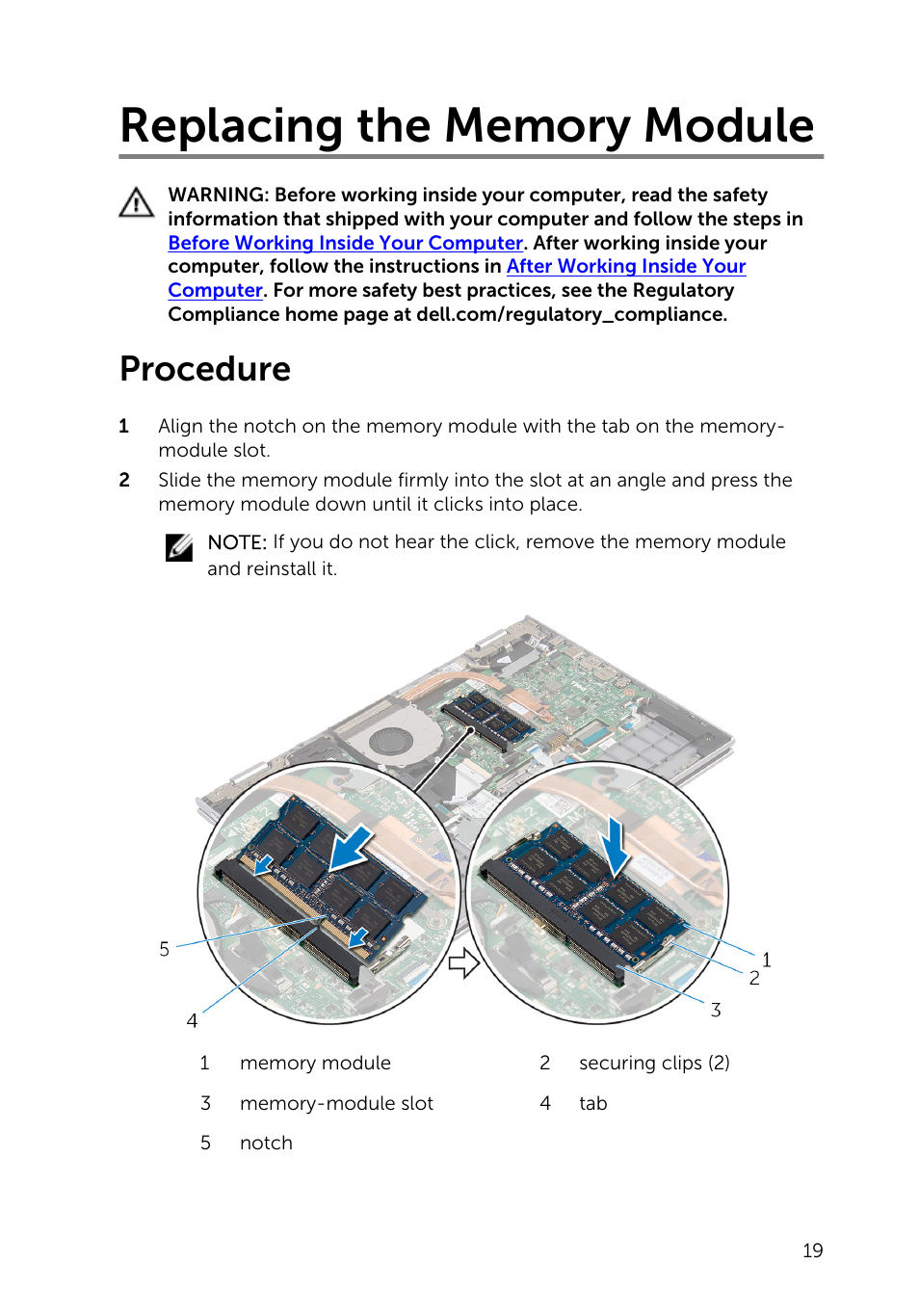 Replacing the memory module, Procedure | Dell Inspiron 13 (7347, Mid 2014) User Manual | Page 19 / 92