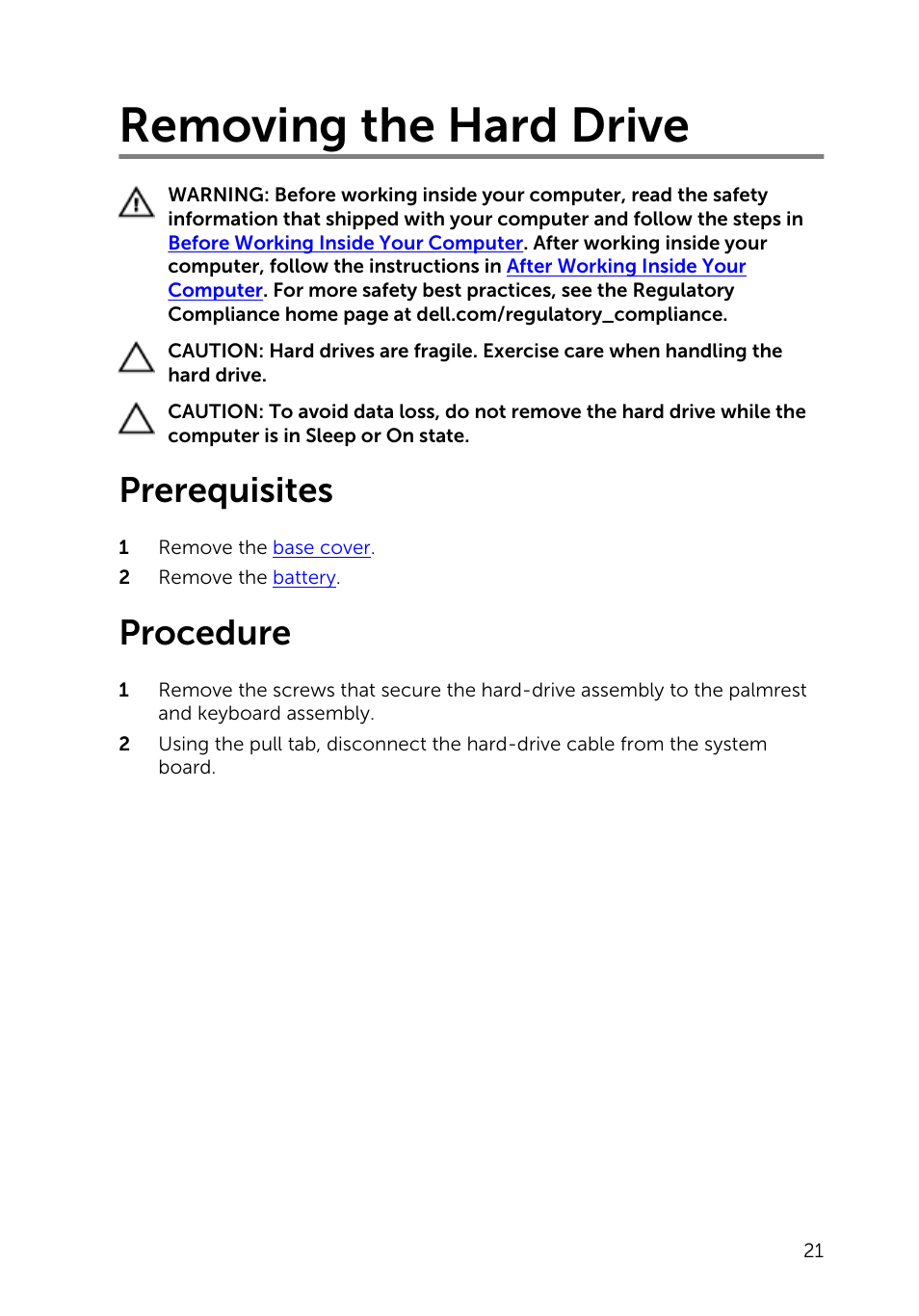 Removing the hard drive, Prerequisites, Procedure | Dell Inspiron 13 (7347, Mid 2014) User Manual | Page 21 / 92