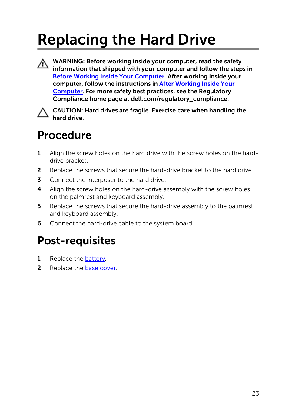 Replacing the hard drive, Procedure, Post-requisites | Dell Inspiron 13 (7347, Mid 2014) User Manual | Page 23 / 92