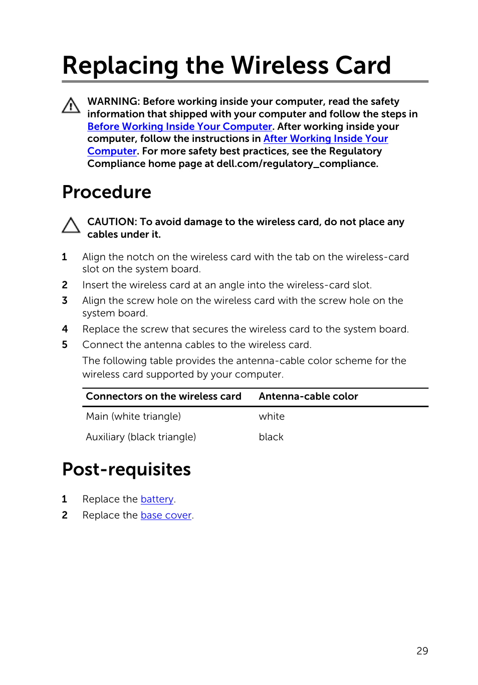 Replacing the wireless card, Procedure, Post-requisites | Dell Inspiron 13 (7347, Mid 2014) User Manual | Page 29 / 92