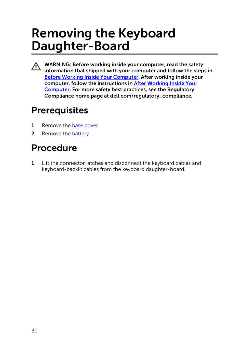 Removing the keyboard daughter-board, Prerequisites, Procedure | Dell Inspiron 13 (7347, Mid 2014) User Manual | Page 30 / 92