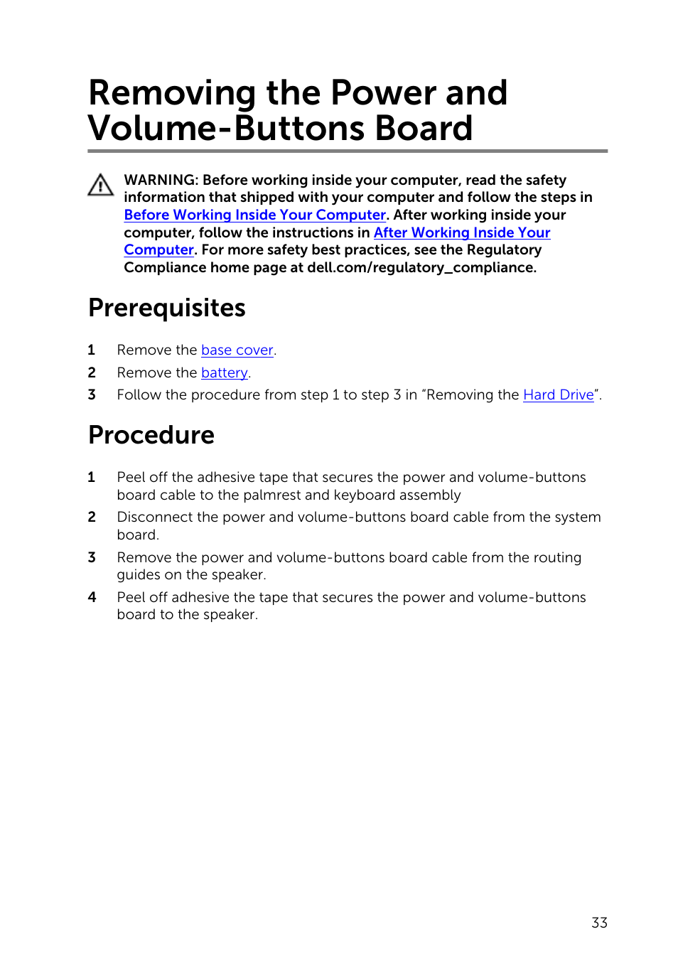 Removing the power and volume-buttons board, Prerequisites, Procedure | Dell Inspiron 13 (7347, Mid 2014) User Manual | Page 33 / 92