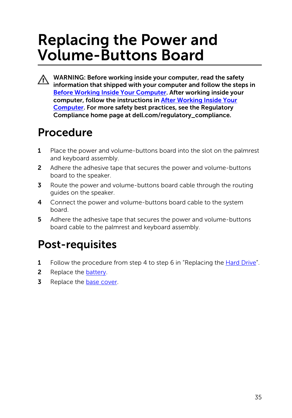 Replacing the power and volume-buttons board, Procedure, Post-requisites | Dell Inspiron 13 (7347, Mid 2014) User Manual | Page 35 / 92
