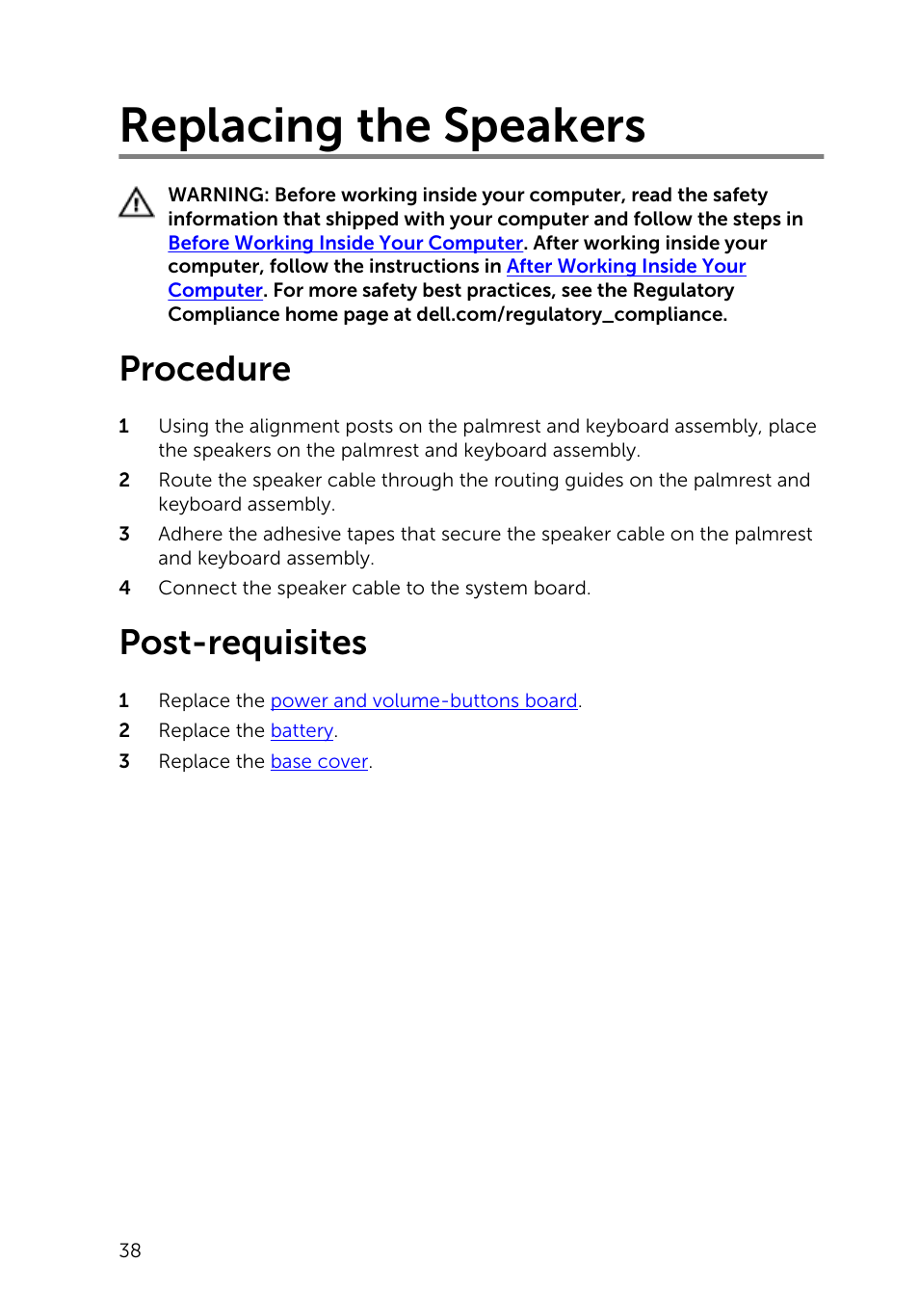 Replacing the speakers, Procedure, Post-requisites | Dell Inspiron 13 (7347, Mid 2014) User Manual | Page 38 / 92