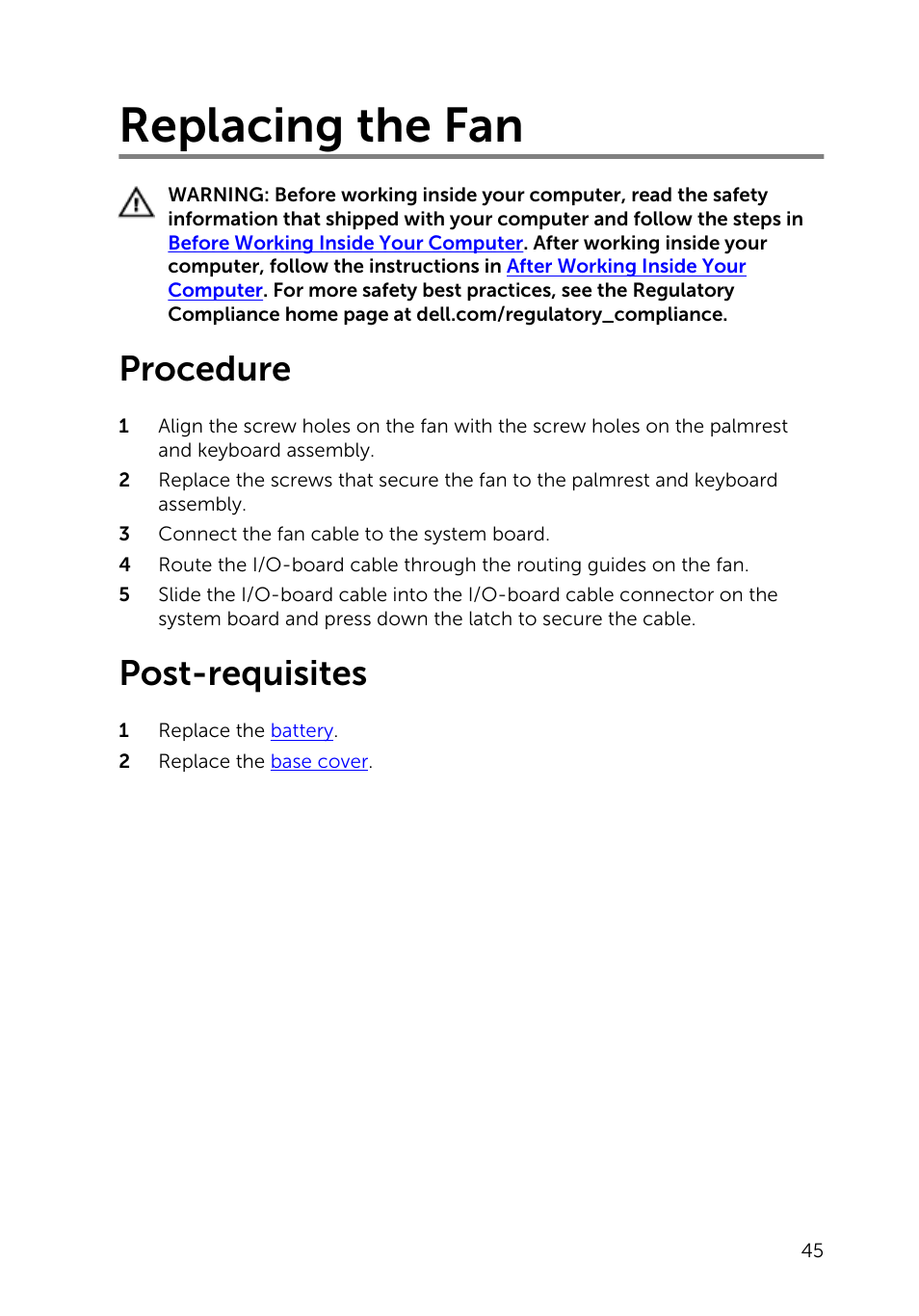 Replacing the fan, Procedure, Post-requisites | Dell Inspiron 13 (7347, Mid 2014) User Manual | Page 45 / 92