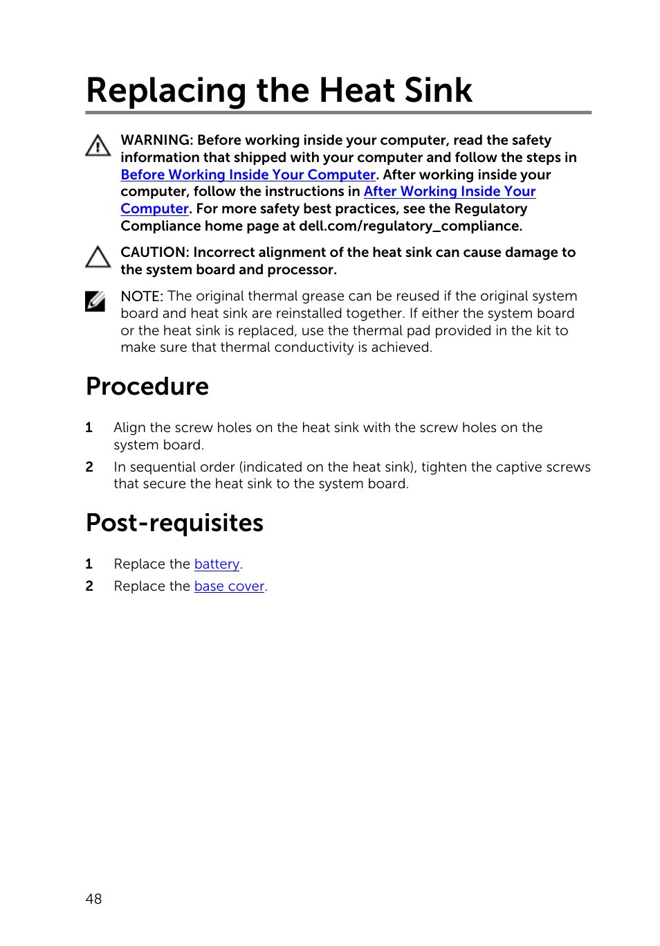 Replacing the heat sink, Procedure, Post-requisites | Dell Inspiron 13 (7347, Mid 2014) User Manual | Page 48 / 92