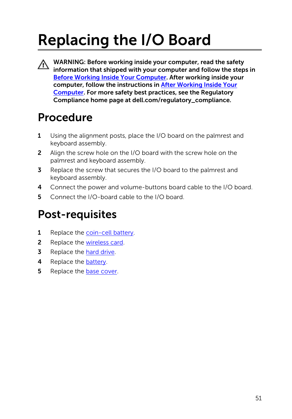 Replacing the i/o board, Procedure, Post-requisites | Dell Inspiron 13 (7347, Mid 2014) User Manual | Page 51 / 92