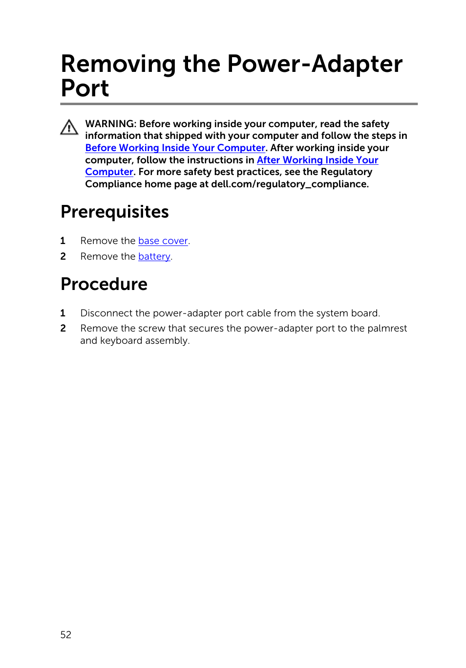 Removing the power-adapter port, Prerequisites, Procedure | Dell Inspiron 13 (7347, Mid 2014) User Manual | Page 52 / 92