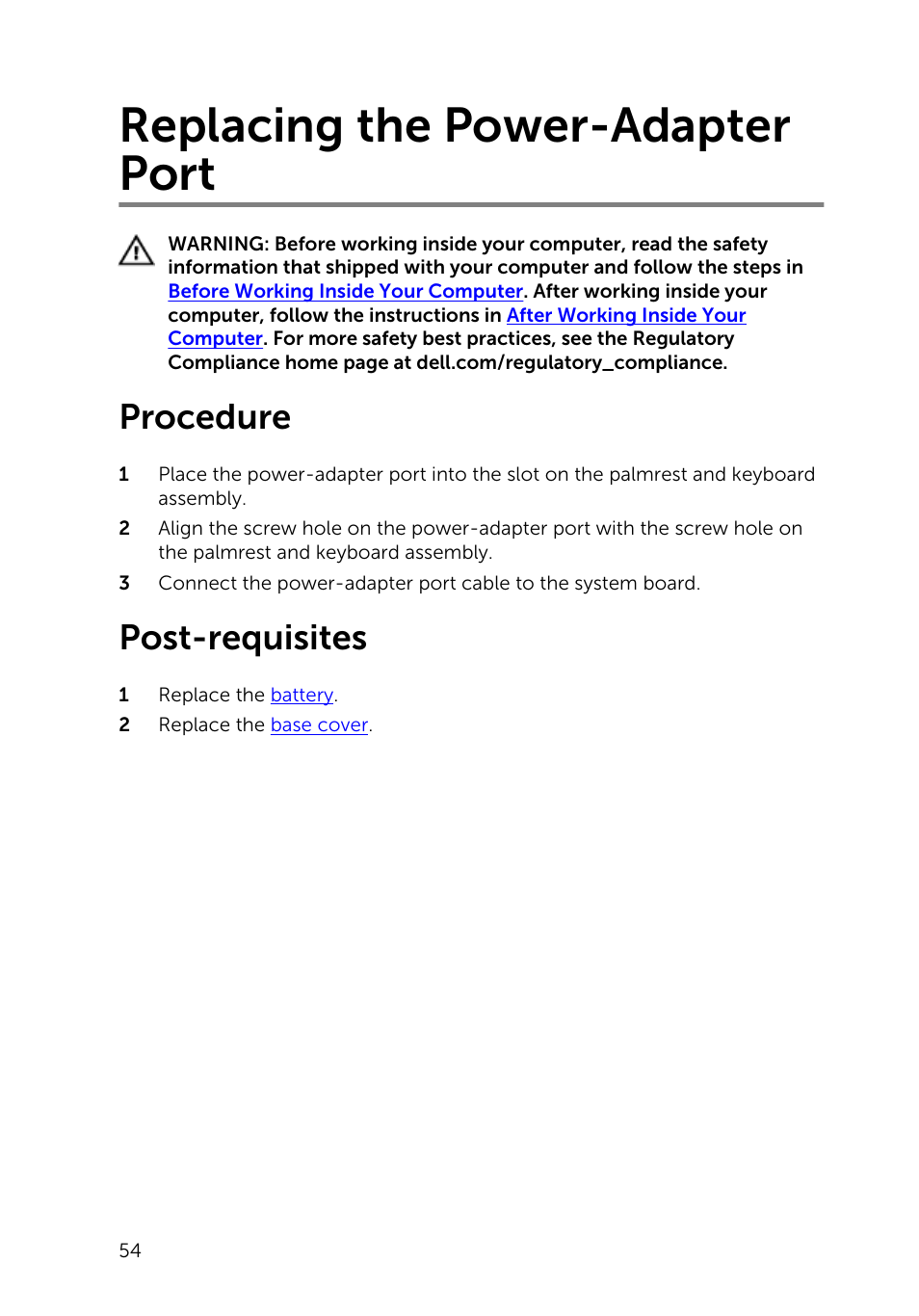 Replacing the power-adapter port, Procedure, Post-requisites | Dell Inspiron 13 (7347, Mid 2014) User Manual | Page 54 / 92