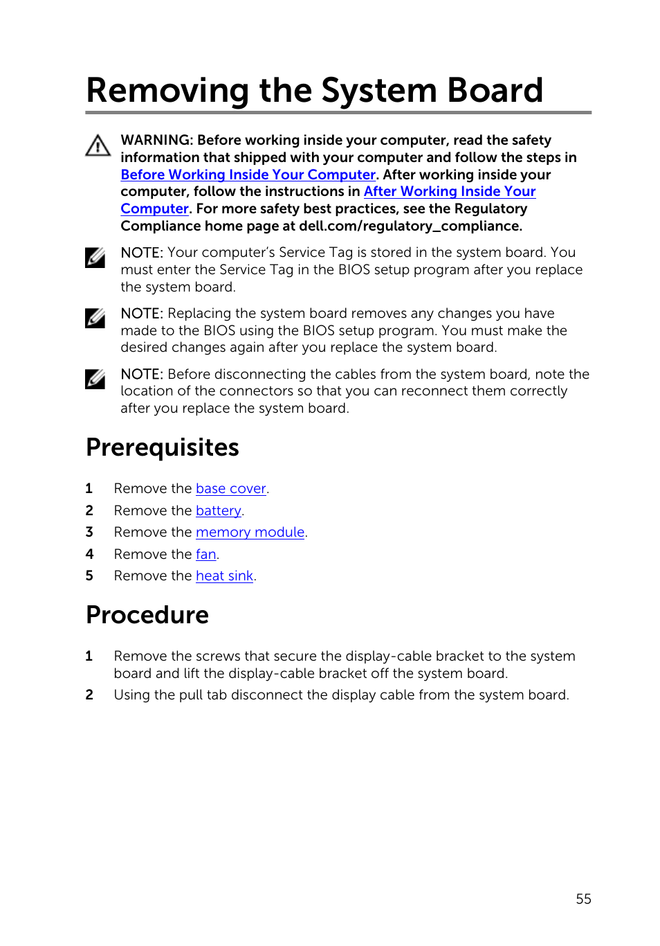 Removing the system board, Prerequisites, Procedure | Dell Inspiron 13 (7347, Mid 2014) User Manual | Page 55 / 92