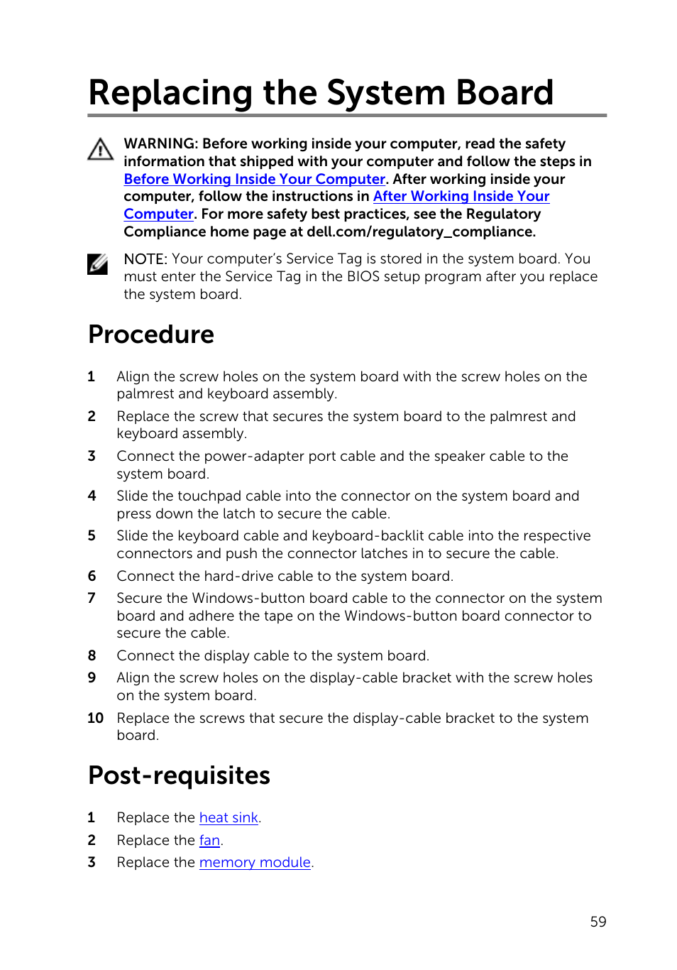 Replacing the system board, Procedure, Post-requisites | Dell Inspiron 13 (7347, Mid 2014) User Manual | Page 59 / 92