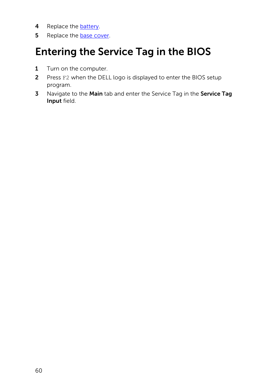 Entering the service tag in the bios | Dell Inspiron 13 (7347, Mid 2014) User Manual | Page 60 / 92