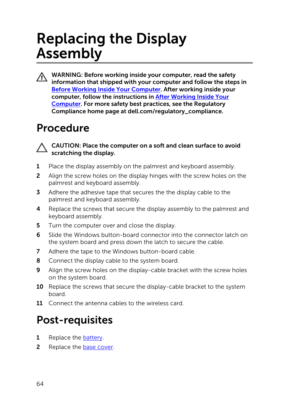 Replacing the display assembly, Procedure, Post-requisites | Dell Inspiron 13 (7347, Mid 2014) User Manual | Page 64 / 92