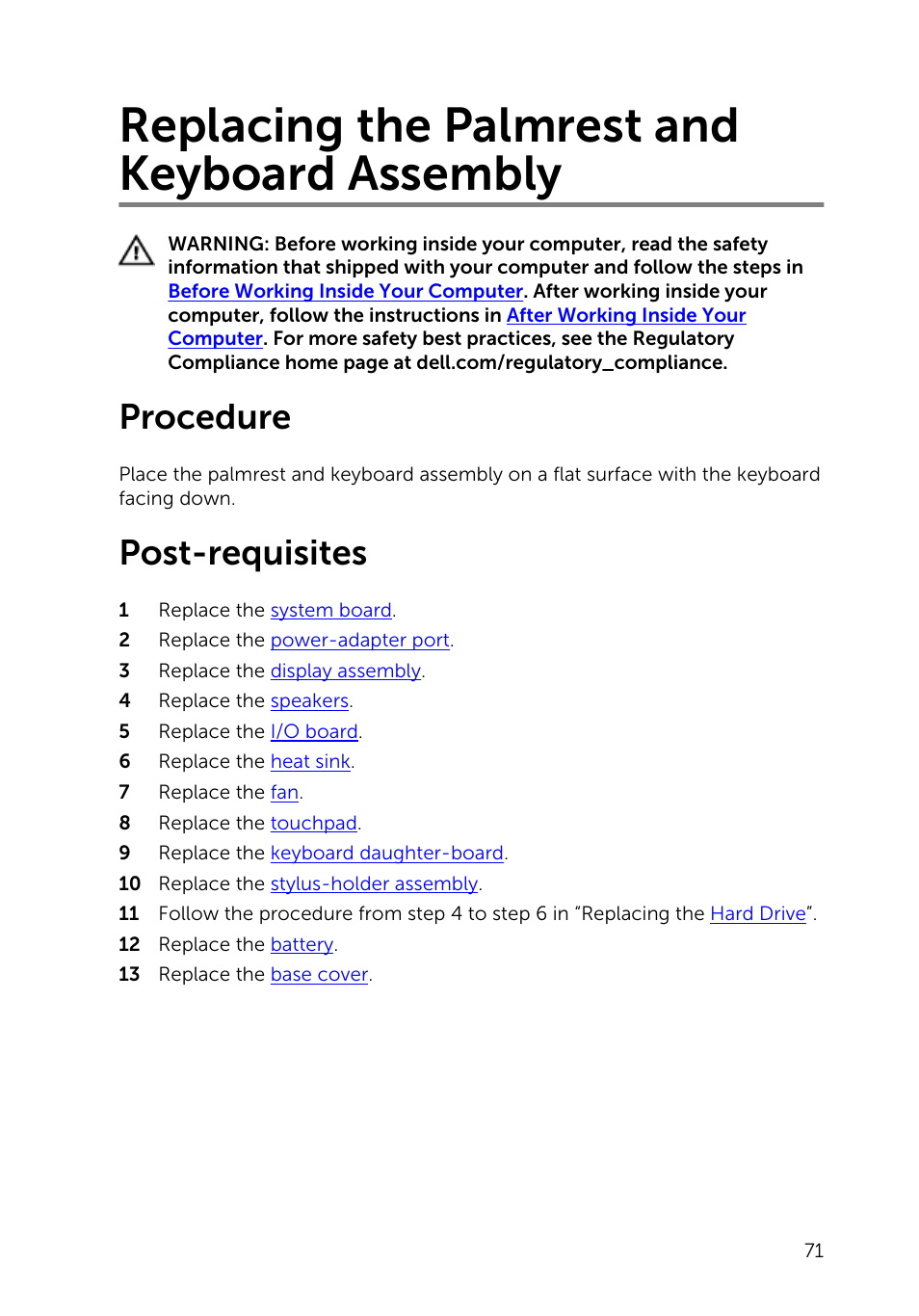 Replacing the palmrest and keyboard assembly, Procedure, Post-requisites | Dell Inspiron 13 (7347, Mid 2014) User Manual | Page 71 / 92