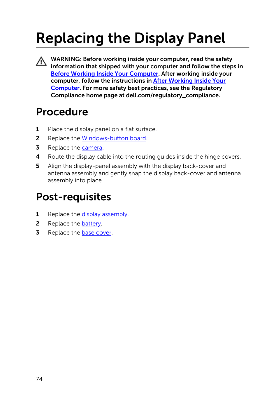 Replacing the display panel, Procedure, Post-requisites | Dell Inspiron 13 (7347, Mid 2014) User Manual | Page 74 / 92