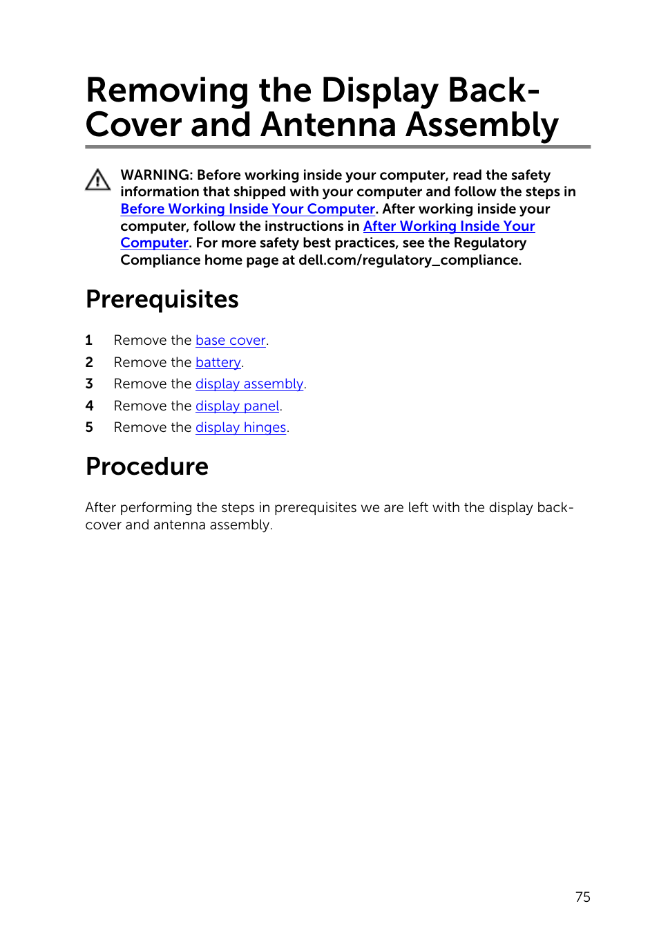 Prerequisites, Procedure, Removing the display back-cover and antenna | Assembly | Dell Inspiron 13 (7347, Mid 2014) User Manual | Page 75 / 92