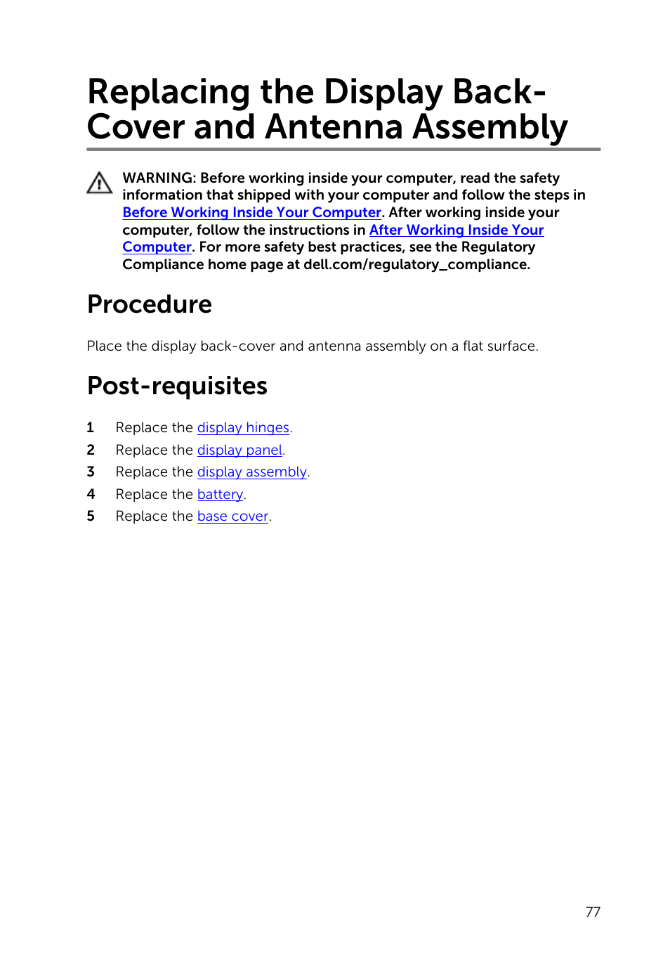 Procedure, Post-requisites, Replacing the display back-cover and antenna | Assembly | Dell Inspiron 13 (7347, Mid 2014) User Manual | Page 77 / 92