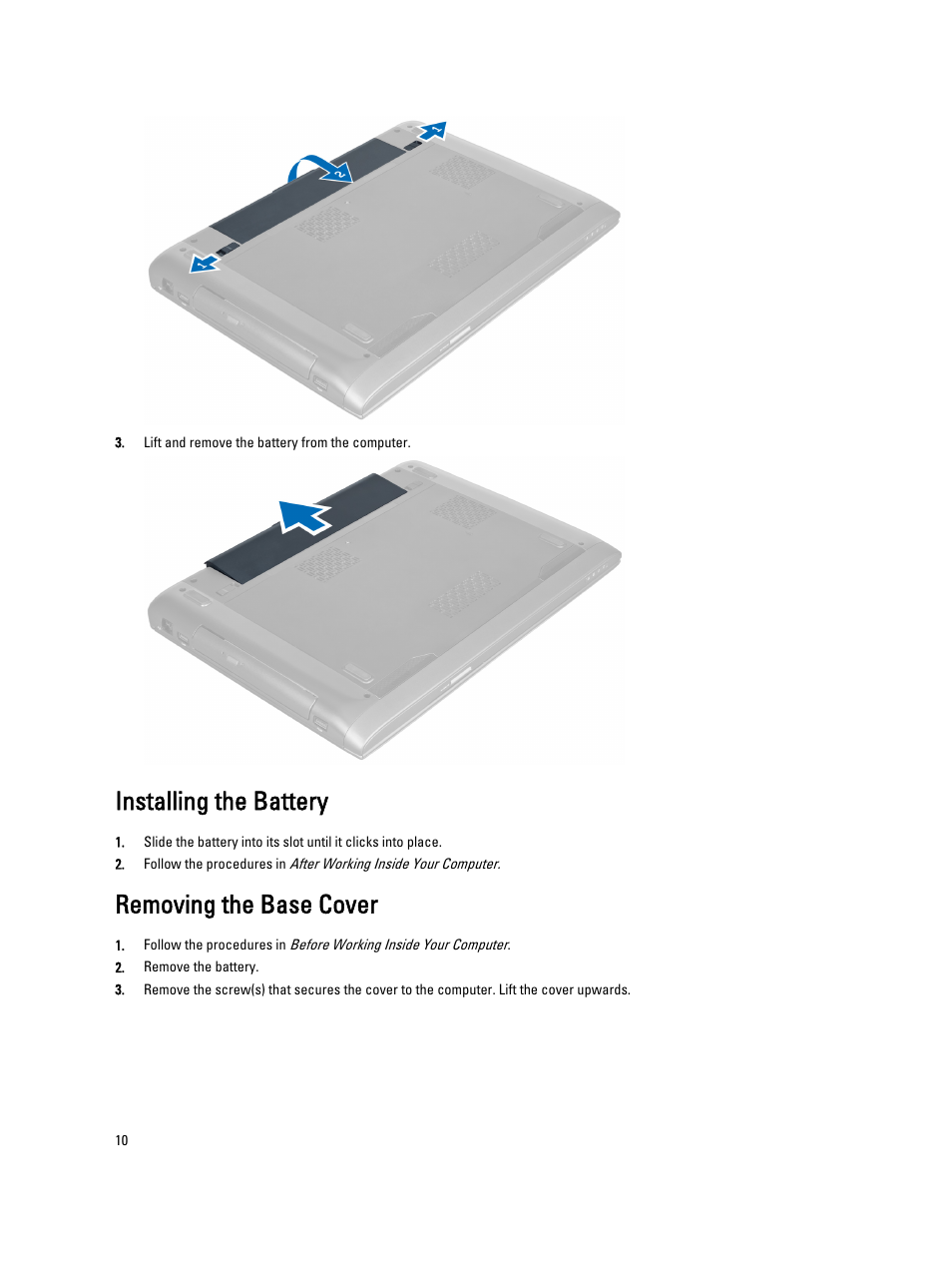 Installing the battery, Removing the base cover | Dell Vostro 3460 (Early 2012) User Manual | Page 10 / 61