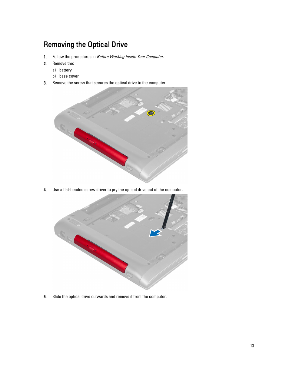 Removing the optical drive | Dell Vostro 3460 (Early 2012) User Manual | Page 13 / 61