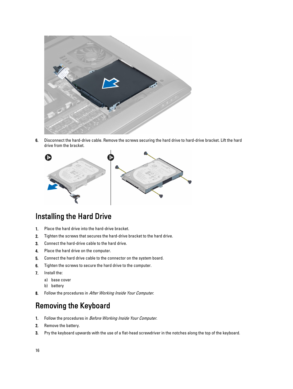 Installing the hard drive, Removing the keyboard | Dell Vostro 3460 (Early 2012) User Manual | Page 16 / 61