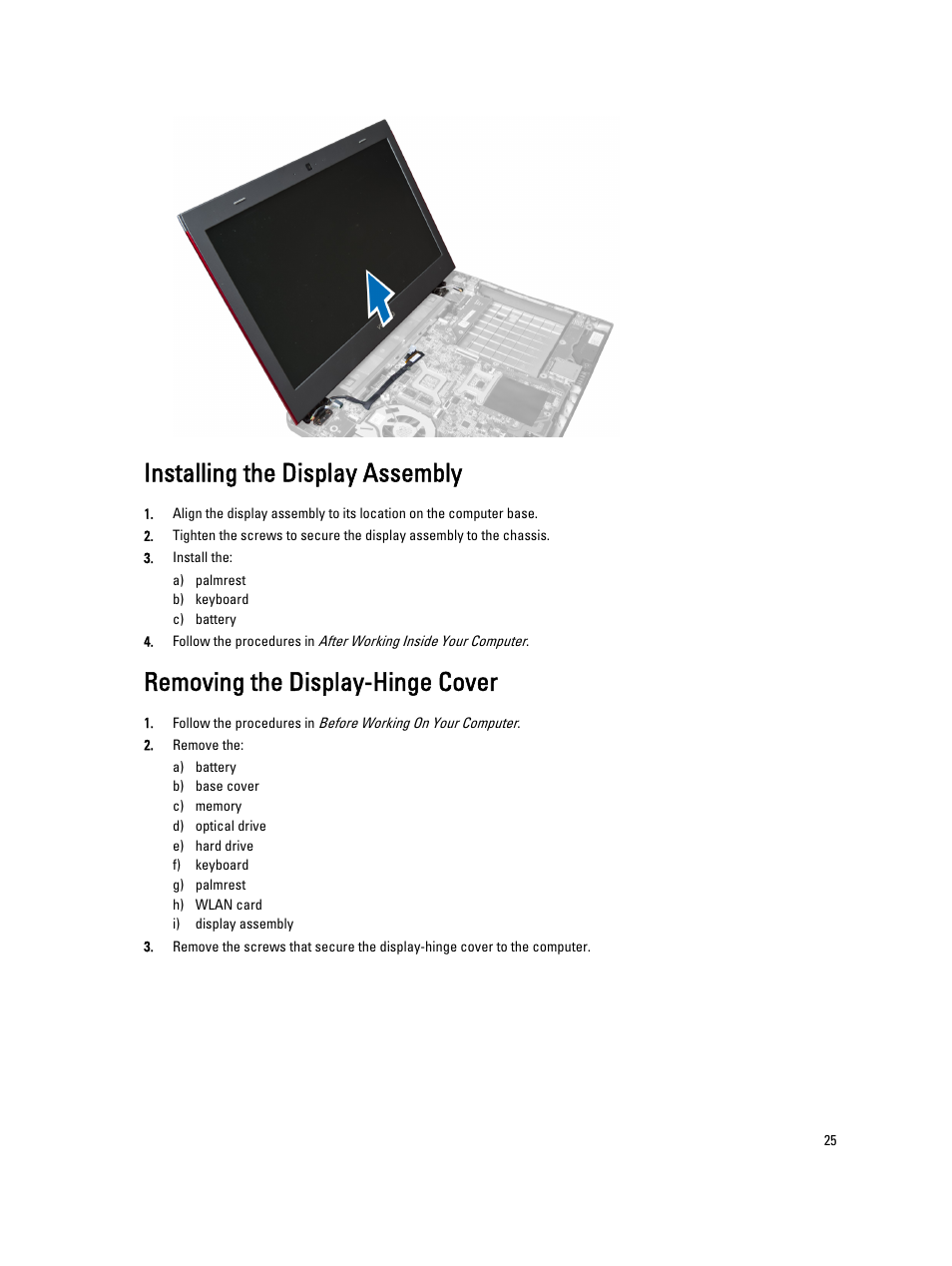 Installing the display assembly, Removing the display-hinge cover | Dell Vostro 3460 (Early 2012) User Manual | Page 25 / 61