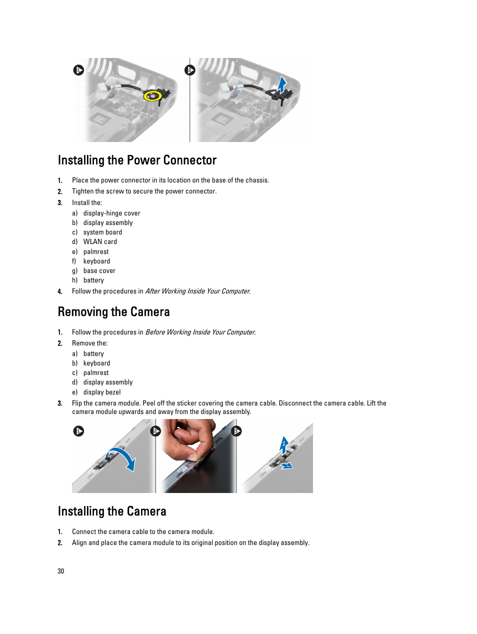 Installing the power connector, Removing the camera, Installing the camera | Dell Vostro 3460 (Early 2012) User Manual | Page 30 / 61
