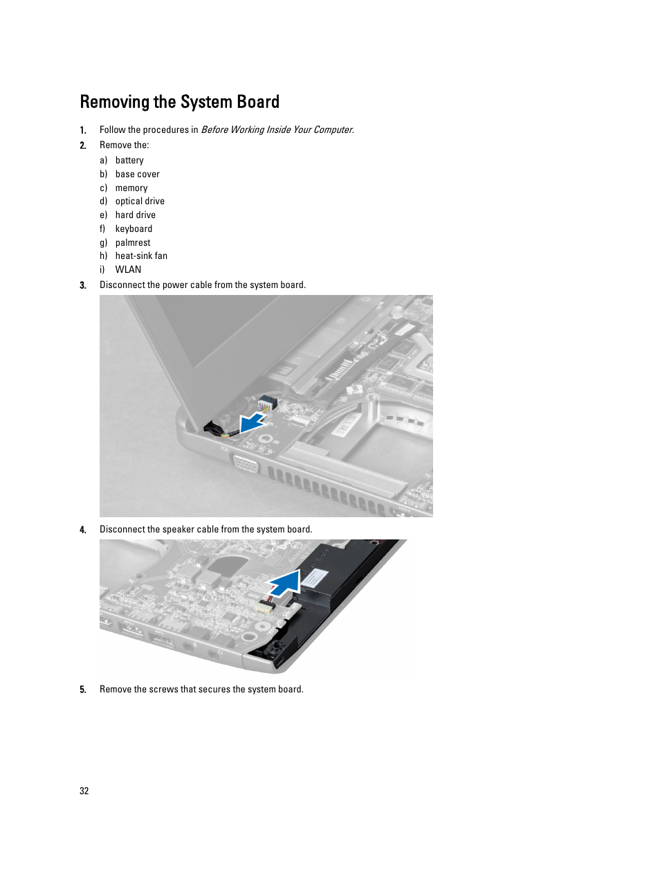 Removing the system board | Dell Vostro 3460 (Early 2012) User Manual | Page 32 / 61