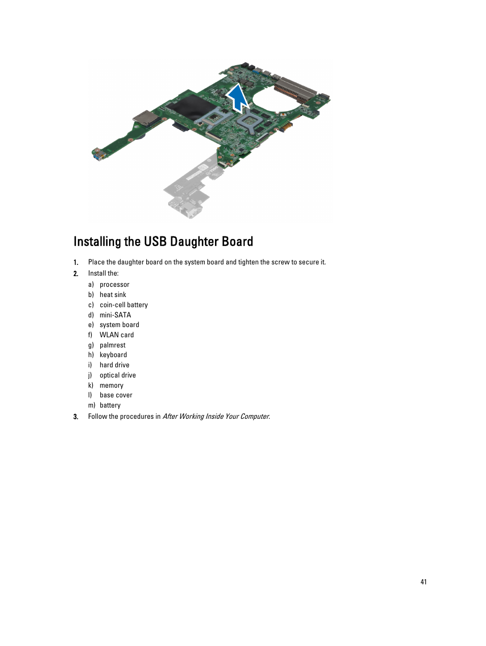 Installing the usb daughter board | Dell Vostro 3460 (Early 2012) User Manual | Page 41 / 61