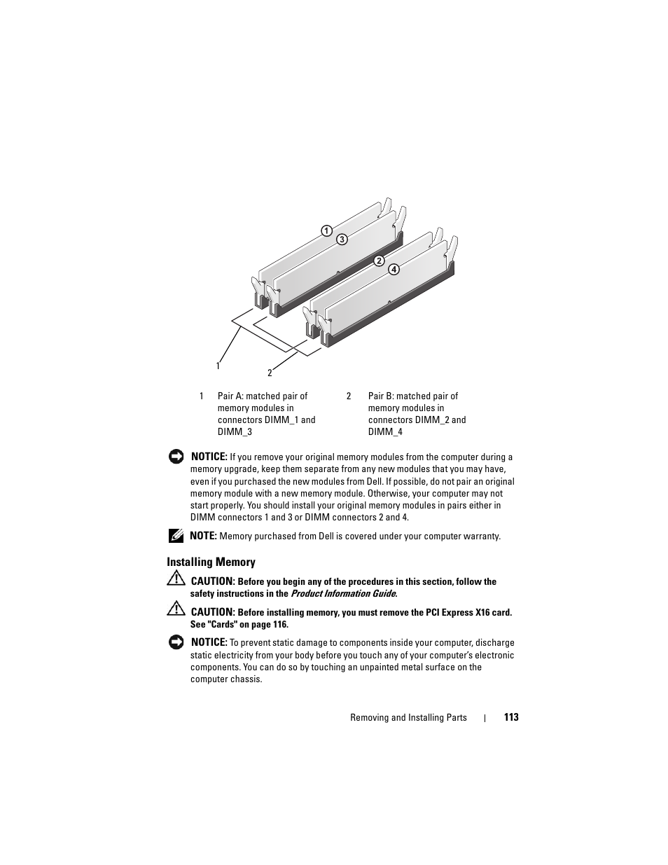 Installing memory, Installation guidelines (see "installing | Dell Vostro 400 (Mid 2007) User Manual | Page 113 / 214