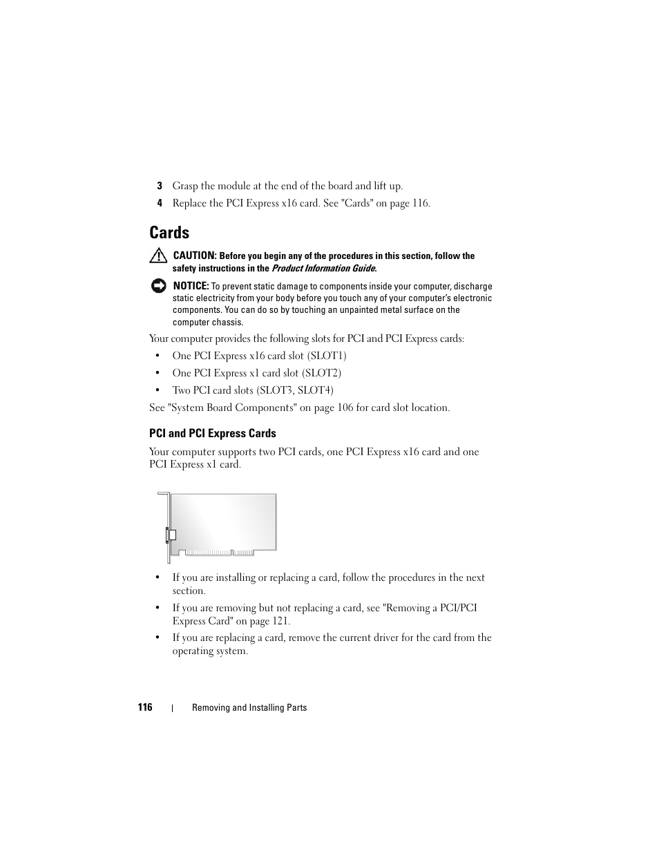 Cards, Pci and pci express cards | Dell Vostro 400 (Mid 2007) User Manual | Page 116 / 214