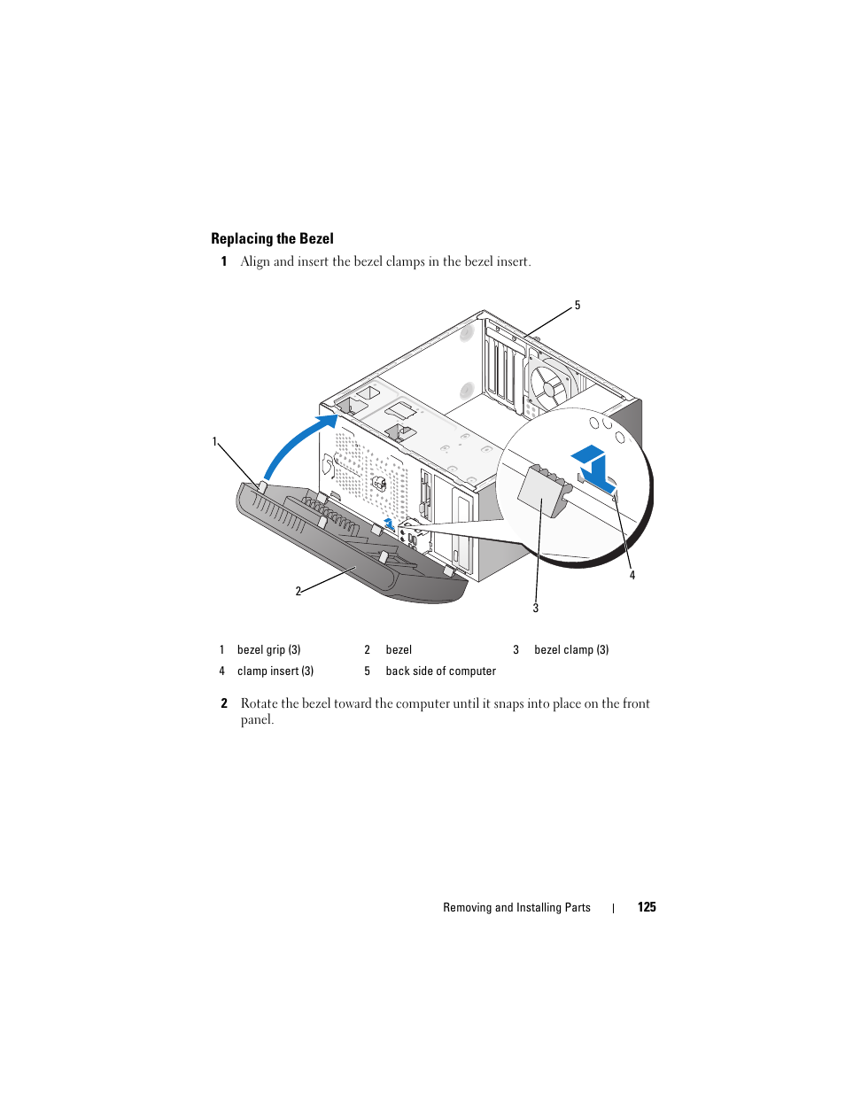 Replacing the bezel | Dell Vostro 400 (Mid 2007) User Manual | Page 125 / 214