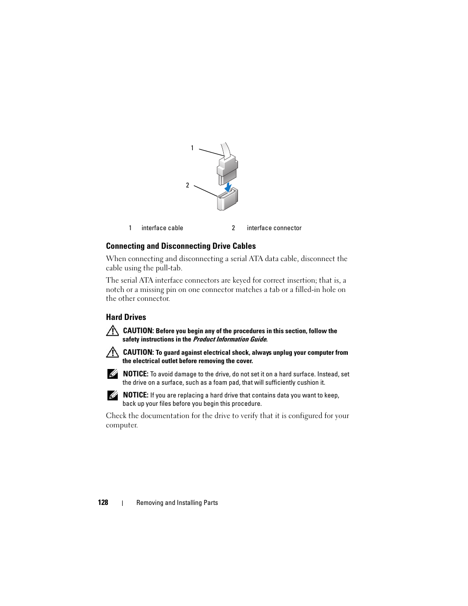 Connecting and disconnecting drive cables, Hard drives | Dell Vostro 400 (Mid 2007) User Manual | Page 128 / 214