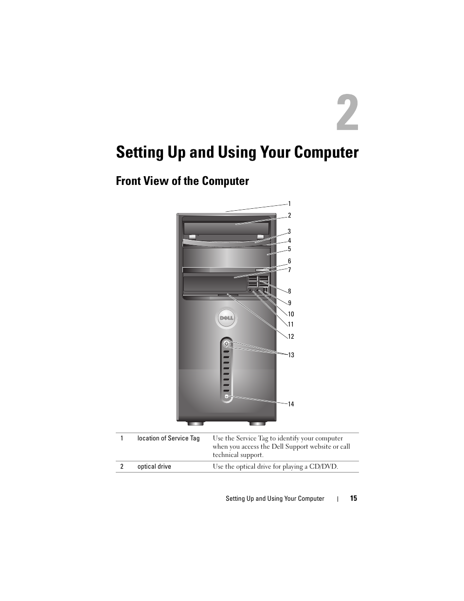 Setting up and using your computer, Front view of the computer | Dell Vostro 400 (Mid 2007) User Manual | Page 15 / 214