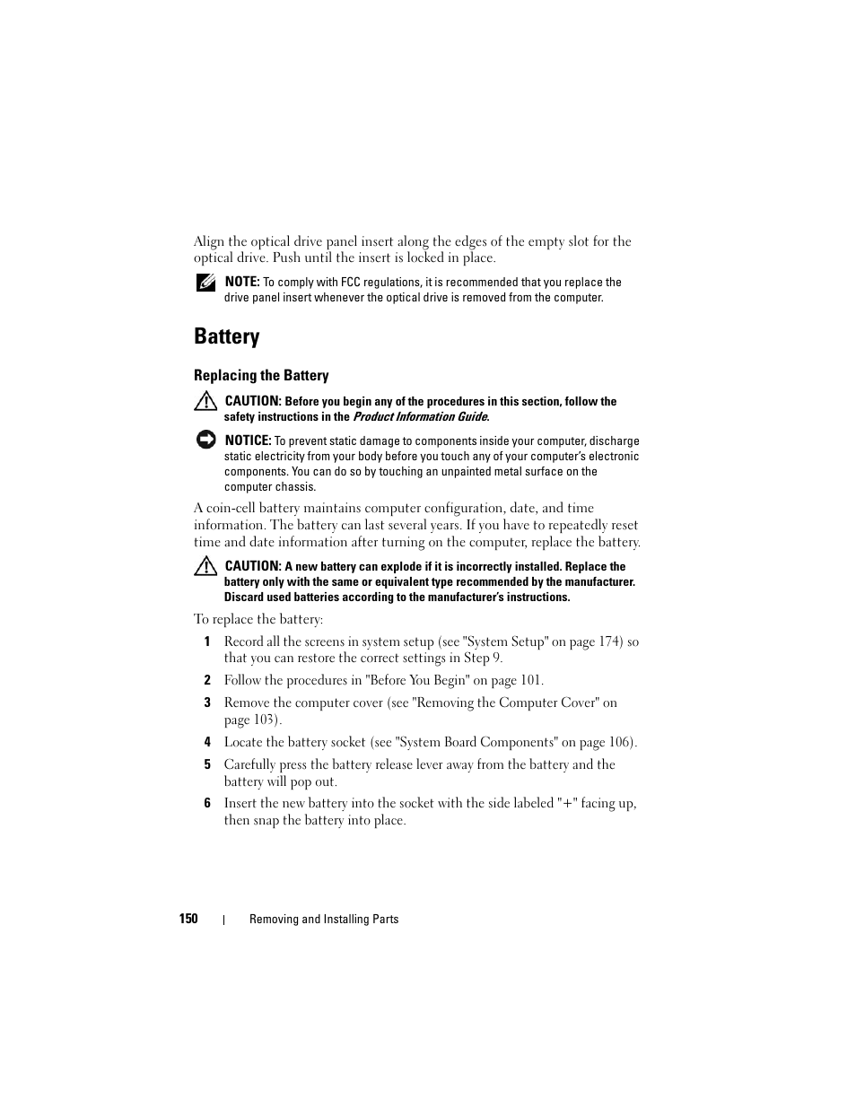 Battery, Replacing the battery | Dell Vostro 400 (Mid 2007) User Manual | Page 150 / 214