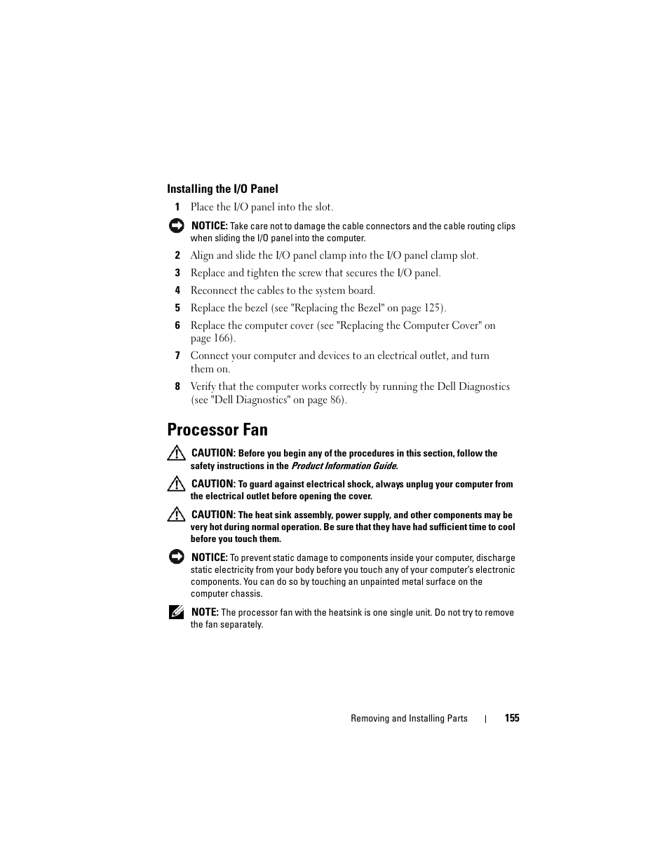 Installing the i/o panel, Processor fan | Dell Vostro 400 (Mid 2007) User Manual | Page 155 / 214