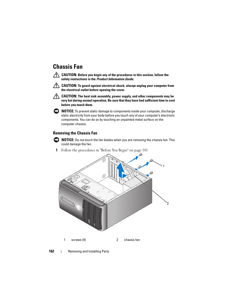 Chassis fan, Removing the chassis fan | Dell Vostro 400 (Mid 2007) User Manual | Page 162 / 214