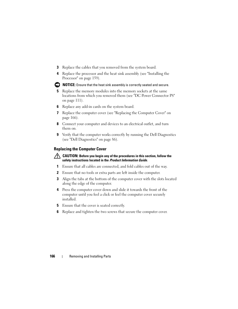 Replacing the computer cover, Replacing the computer cover" on | Dell Vostro 400 (Mid 2007) User Manual | Page 166 / 214