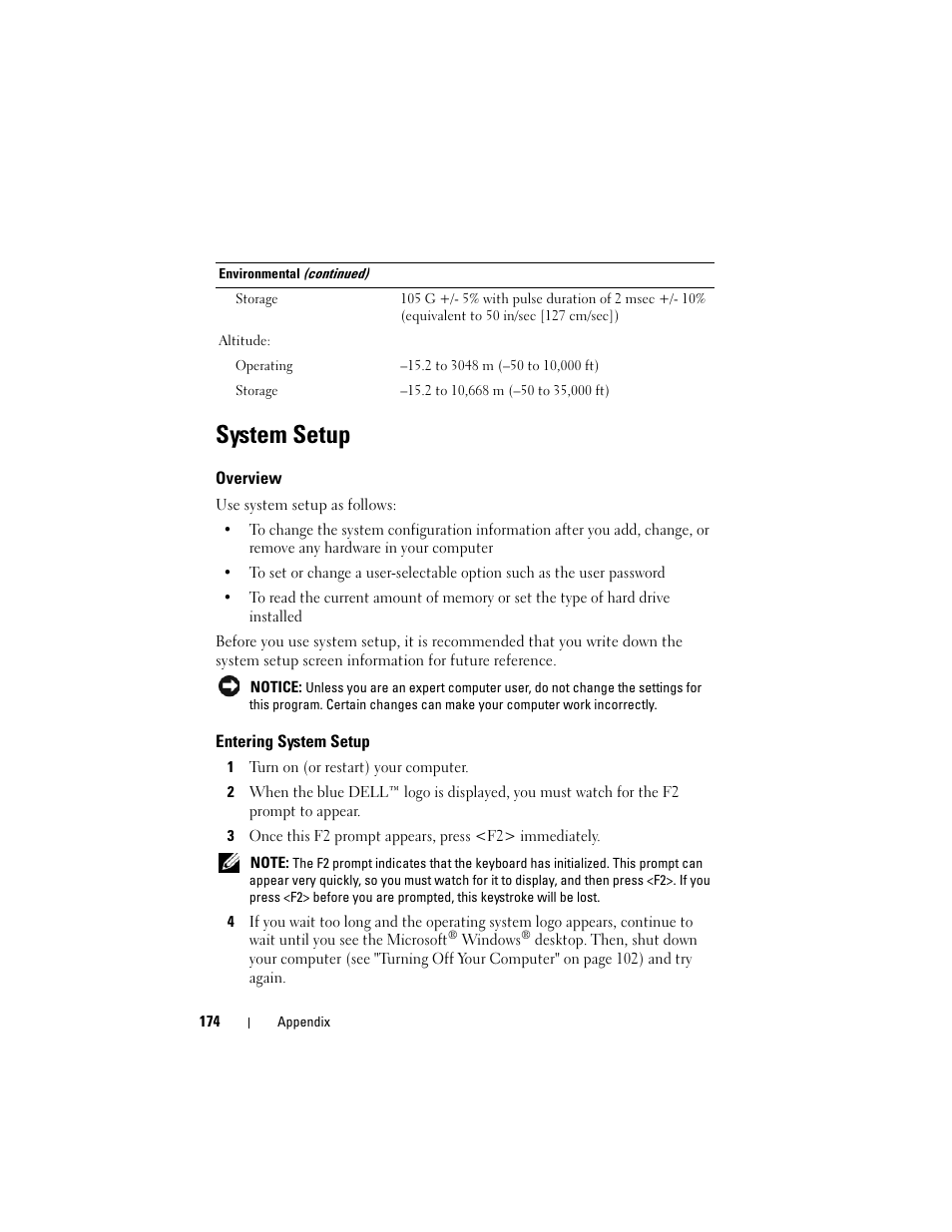 System setup, Overview, Entering system setup | Nfiguration changes (see "entering, Tup (see "entering system setup" on | Dell Vostro 400 (Mid 2007) User Manual | Page 174 / 214