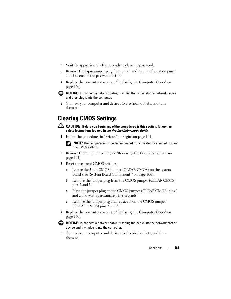 Clearing cmos settings | Dell Vostro 400 (Mid 2007) User Manual | Page 181 / 214