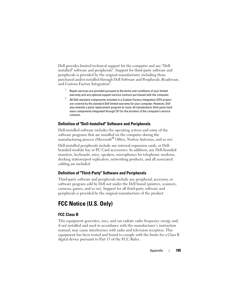 Fcc notice (u.s. only), Fcc class b | Dell Vostro 400 (Mid 2007) User Manual | Page 185 / 214