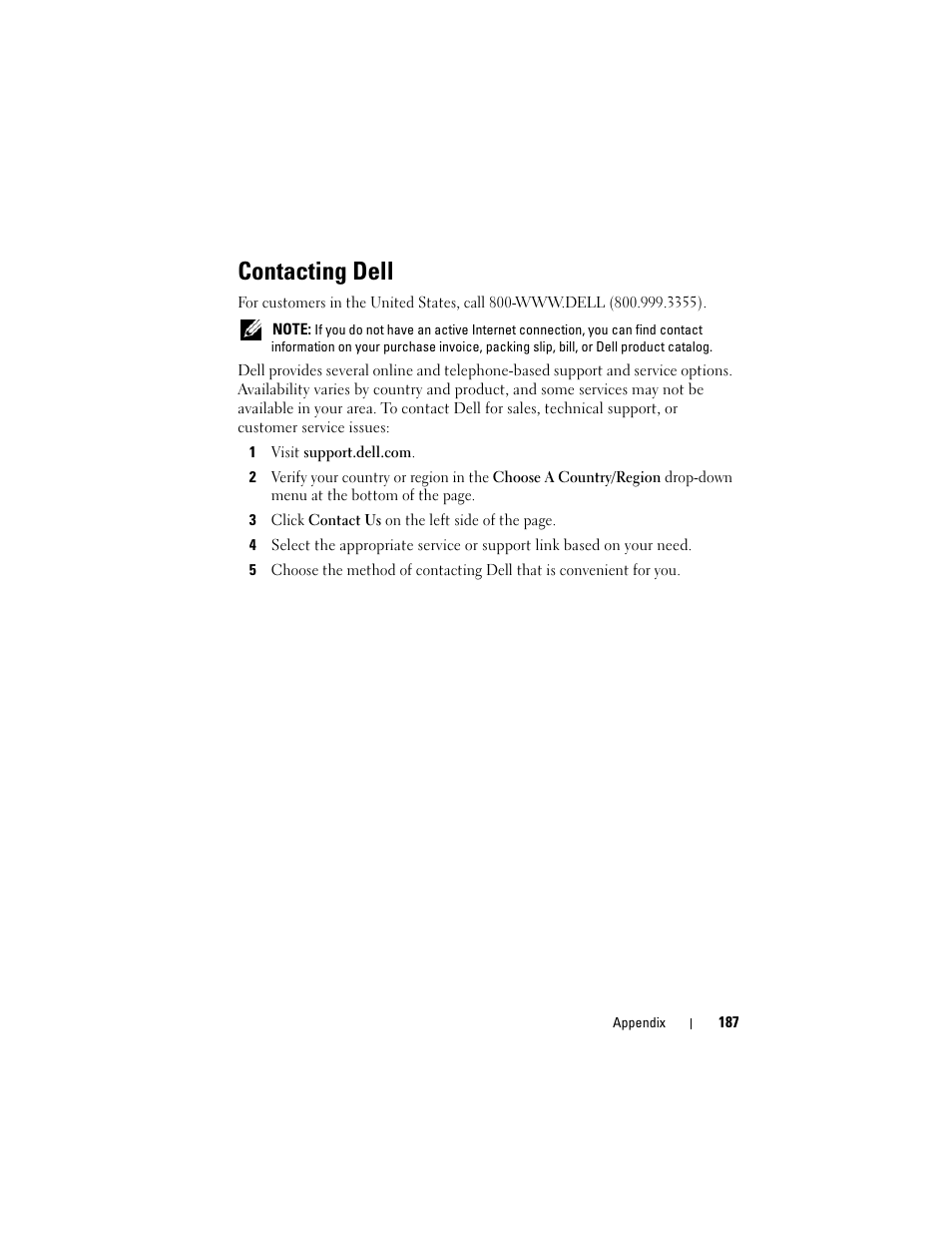 Contacting dell, Contacting dell" on | Dell Vostro 400 (Mid 2007) User Manual | Page 187 / 214