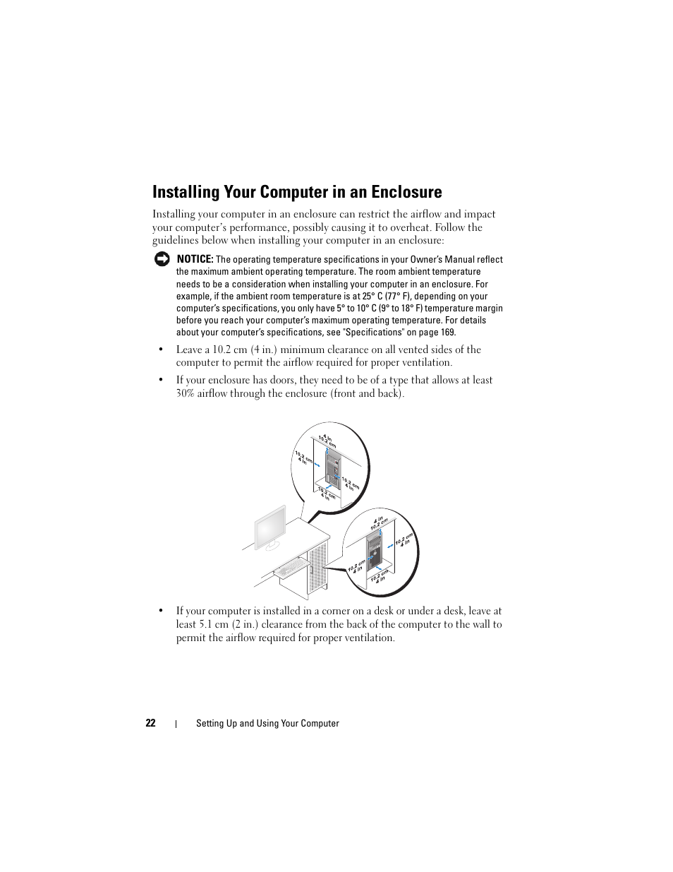 Installing your computer in an enclosure | Dell Vostro 400 (Mid 2007) User Manual | Page 22 / 214