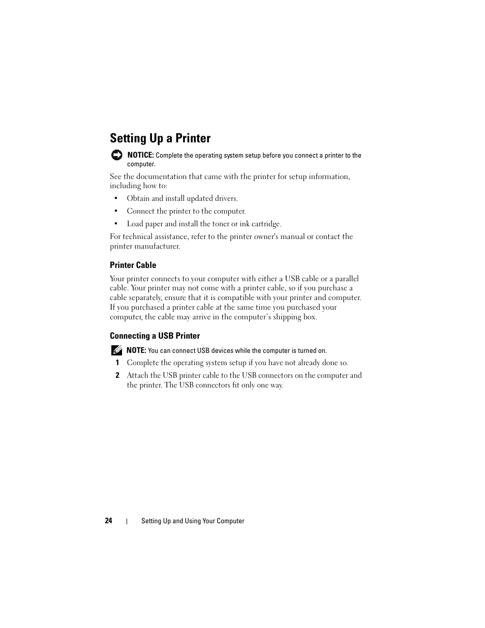 Setting up a printer, Printer cable, Connecting a usb printer | Dell Vostro 400 (Mid 2007) User Manual | Page 24 / 214