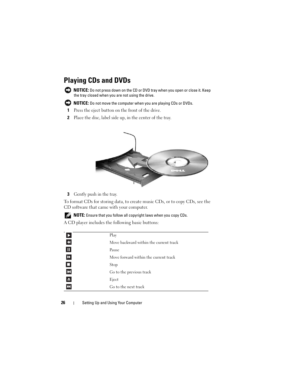 Playing cds and dvds | Dell Vostro 400 (Mid 2007) User Manual | Page 26 / 214