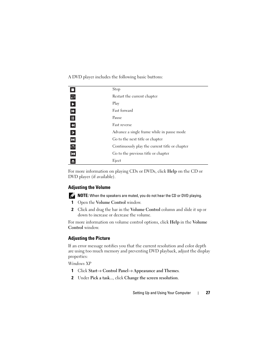 Adjusting the volume, Adjusting the picture | Dell Vostro 400 (Mid 2007) User Manual | Page 27 / 214