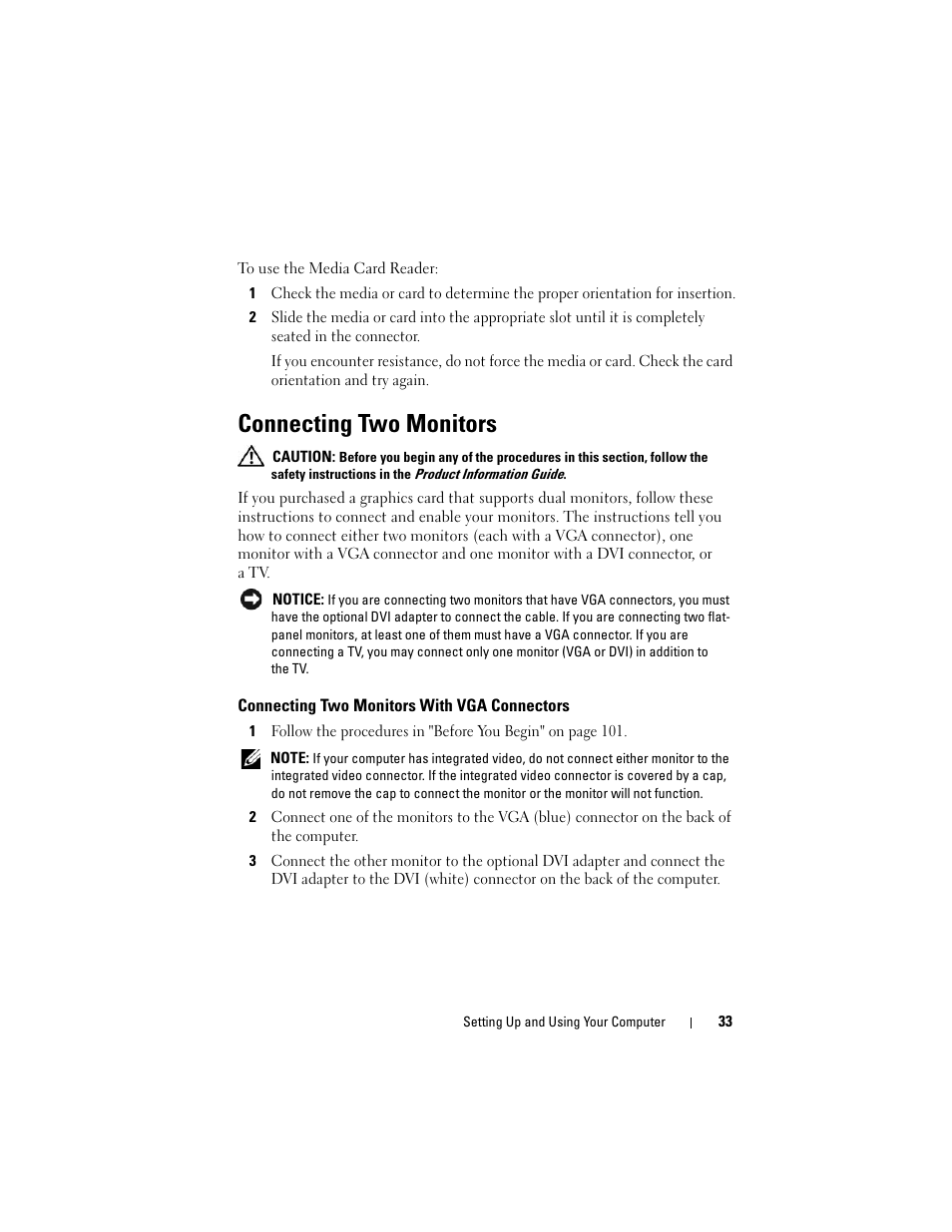 Connecting two monitors, Connecting two monitors with vga connectors | Dell Vostro 400 (Mid 2007) User Manual | Page 33 / 214