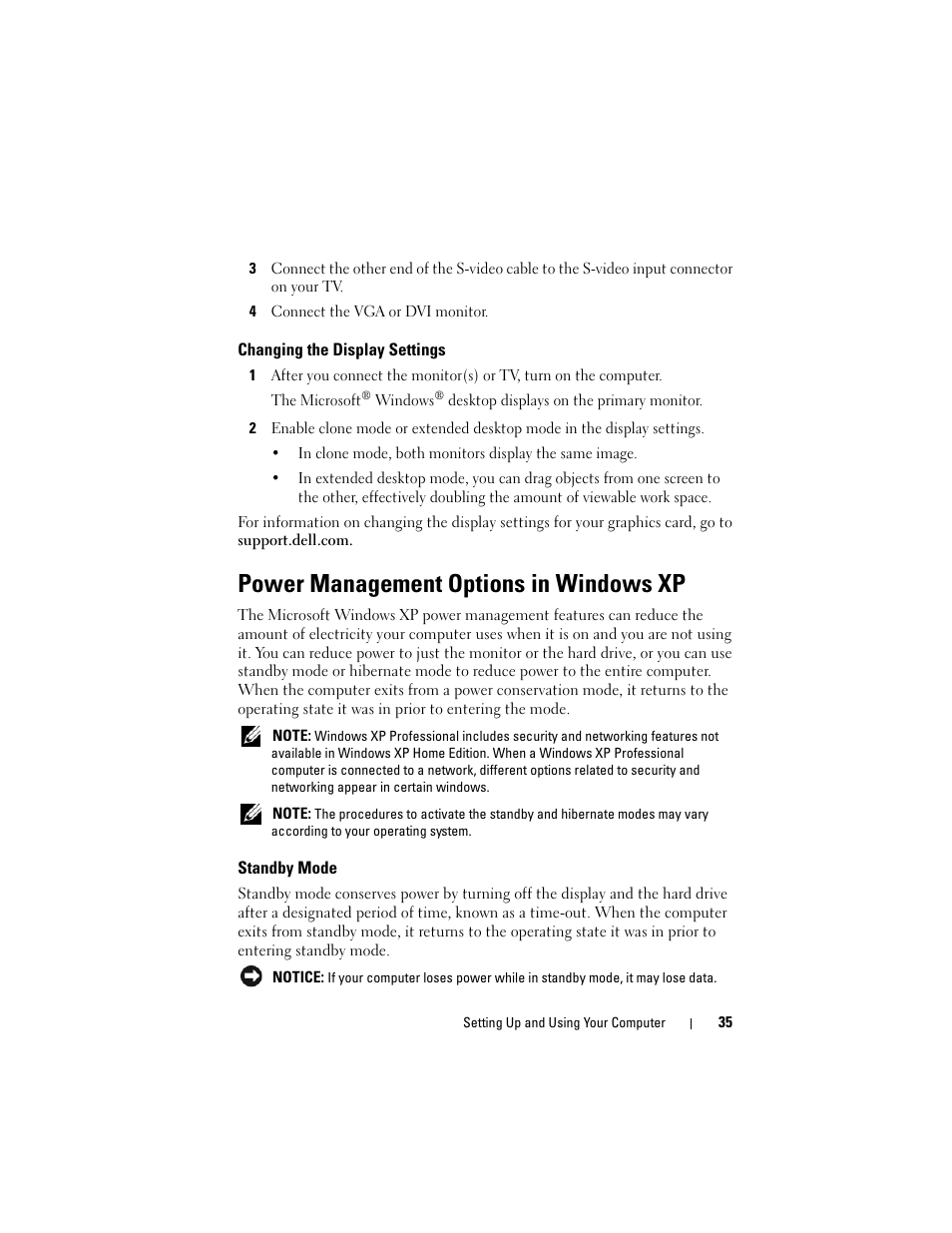 Changing the display settings, Power management options in windows xp, Standby mode | Dell Vostro 400 (Mid 2007) User Manual | Page 35 / 214